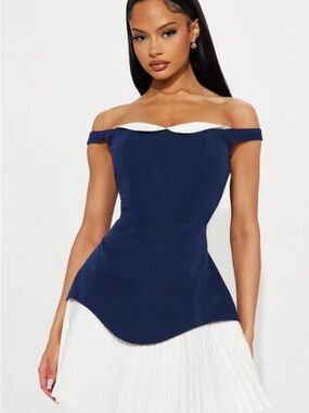 Fashion Nova Navy and White Strapless Peplum Dress